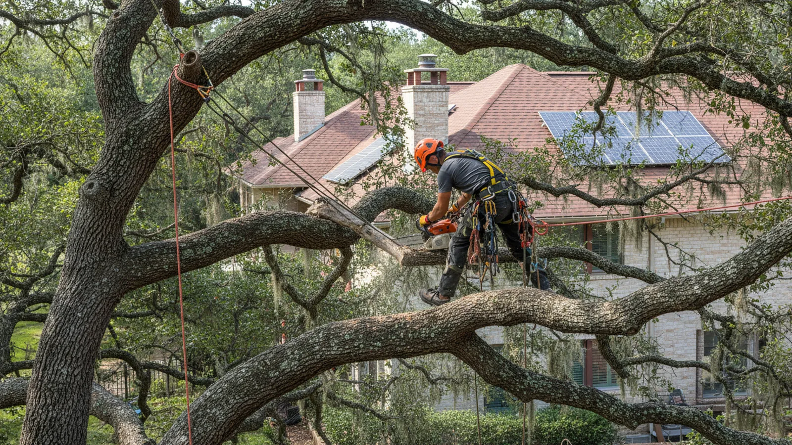 A climbing arborist in a harness trimming a dead limb from a large live oak over a Central Texas rooftop