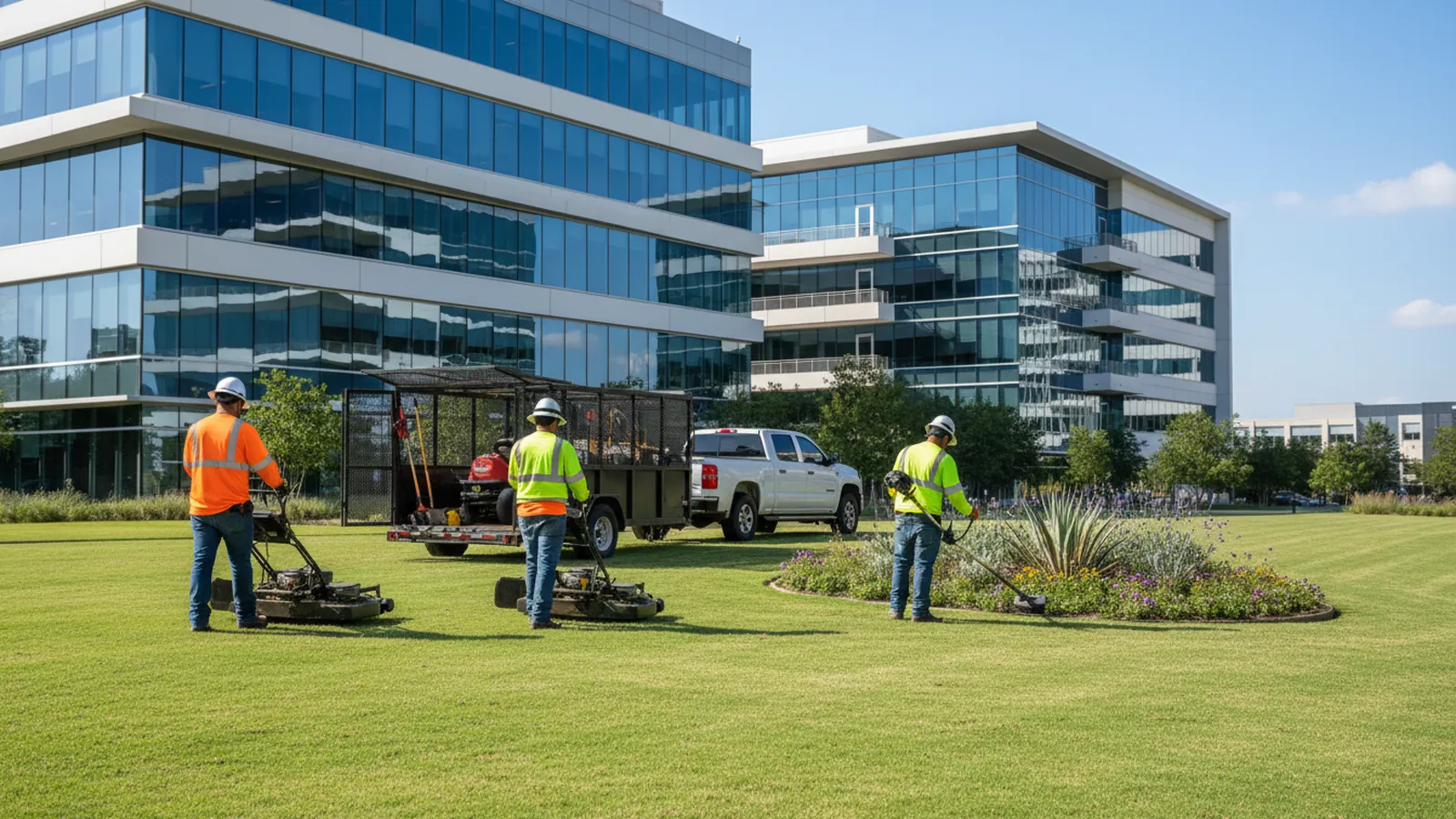 A landscaping crew with mowers and a trailer maintaining the grounds of an office park in north Austin