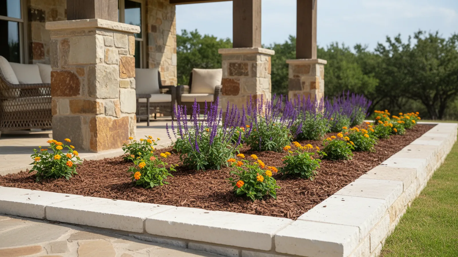 A freshly mulched bed of lantana and salvia with a crisp limestone edge in front of a Central Texas porch