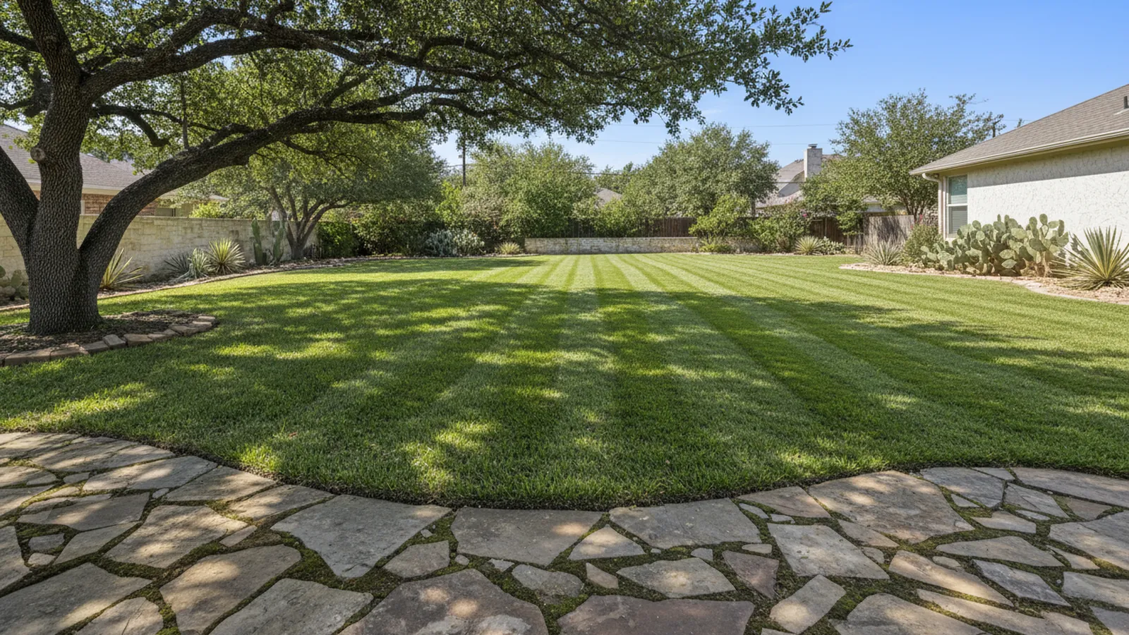 A freshly mowed St. Augustine lawn with crisp stripes and clean edges beside a flagstone walkway in a Central Texas backyard
