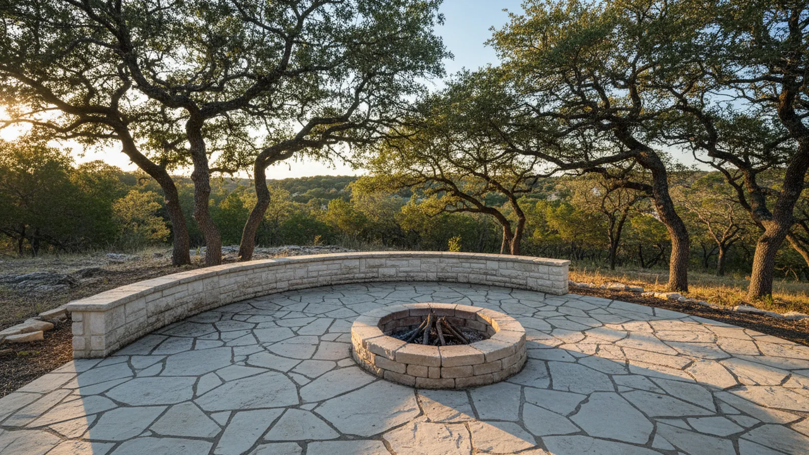 A cut-limestone patio with a low dry-stack retaining wall and a fire pit in a sloped Hill Country backyard