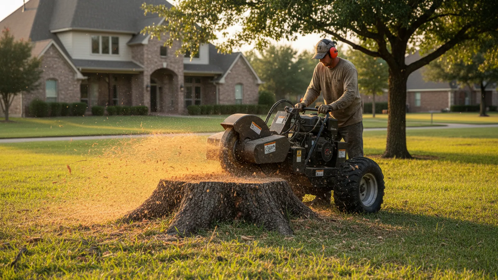 A stump grinder chewing through a wide oak stump in a Texas lawn, wood chips flying, operator seen from behind