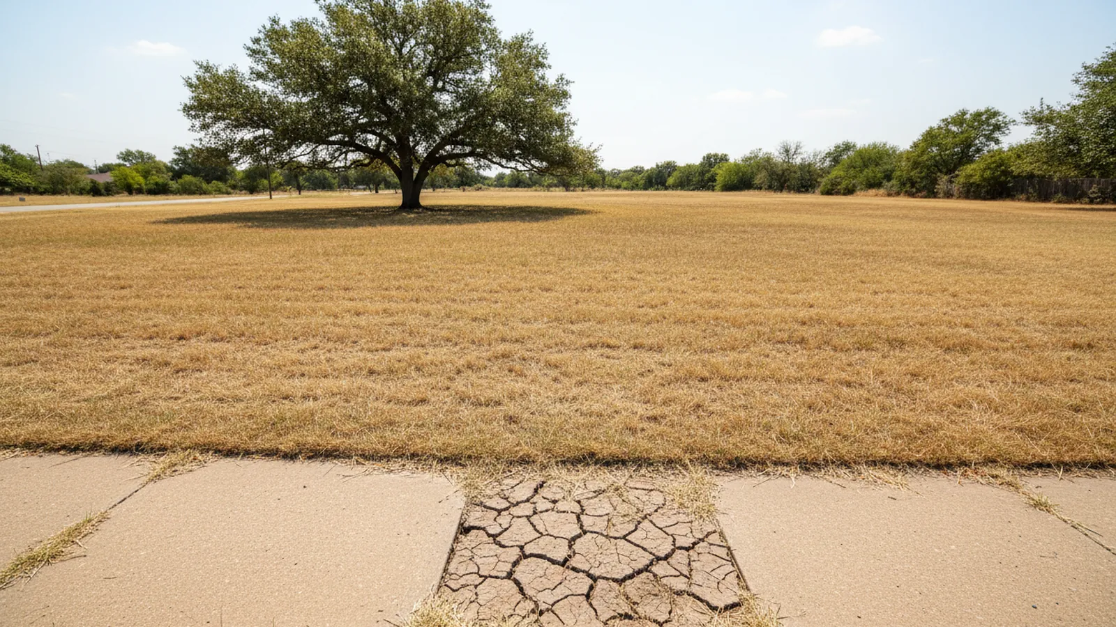 A sun-baked Central Texas lawn going brown in August drought, cracked soil along the sidewalk edge